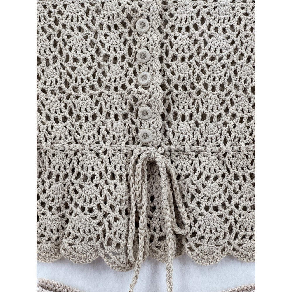 Vintage Handmade Cottage Core Crochet 2Pc Set Beige Cardigan Top‎ & A-Line Skirt - Picture 5 of 6
